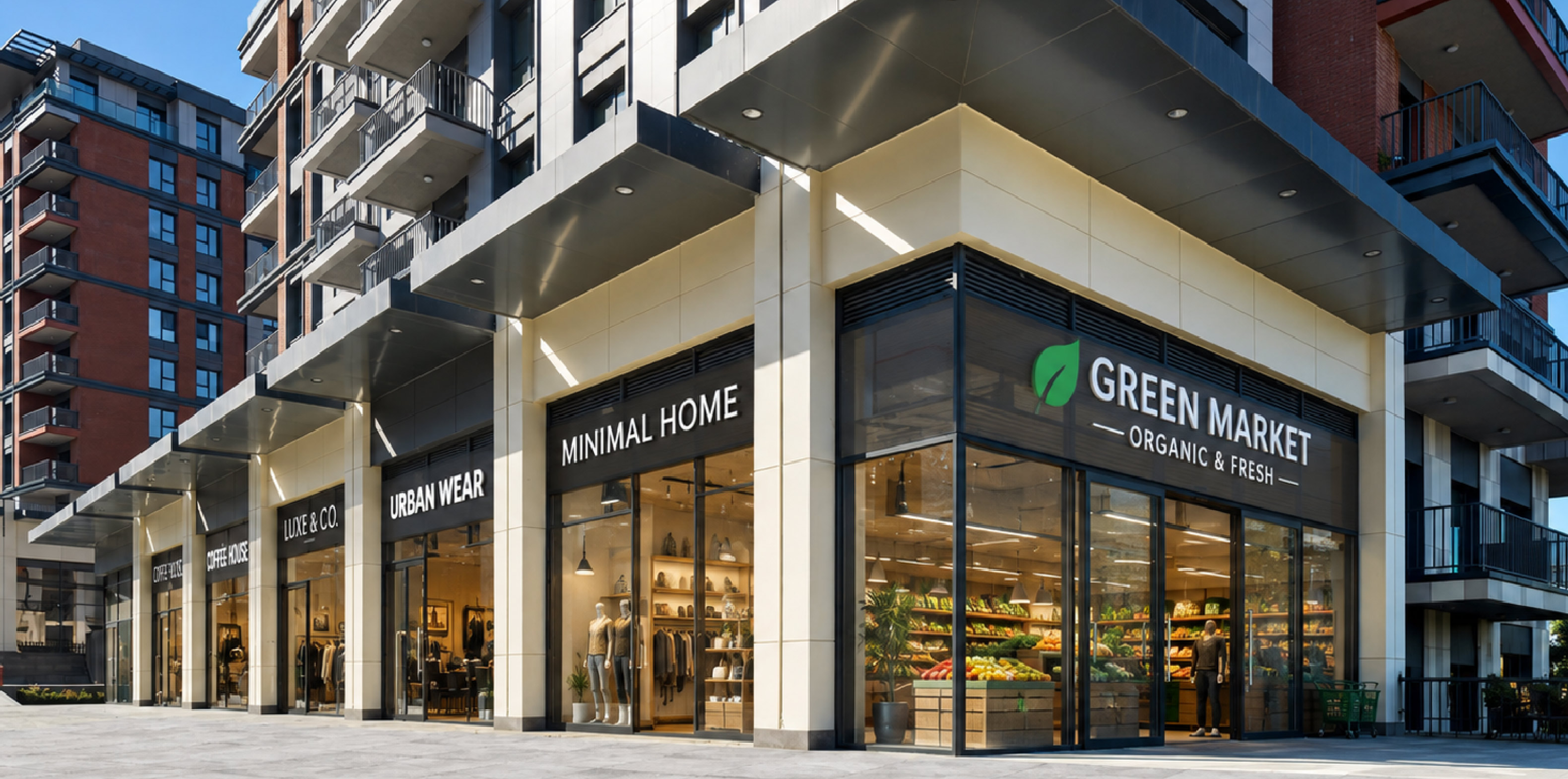 Yeni Levent Ticari Üniteler mağaza cepheleri: Nova Coffee, Lumina, atelier NO.7, Gourmet Market, Puresse